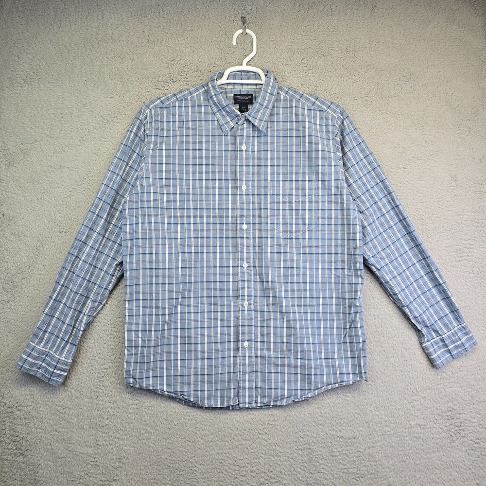 Vintage American Eagle Button Up Men's‎ Large Blue Plaid Long Sleeve Academia